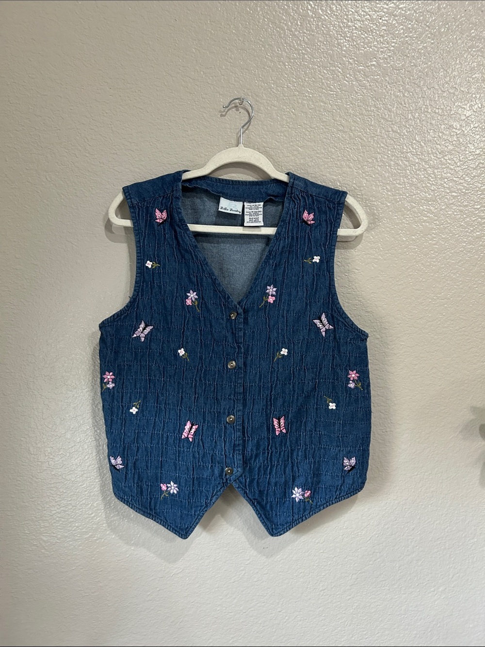 Vintage Bobbie Brooks Blue Denim Embroidered Butterfly Vest Sz M Casual TC0262